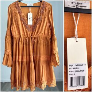 NWT Atelier D Embroidered Beaded Tunic Dress Small Orange Boho Bohemian Flowy Be